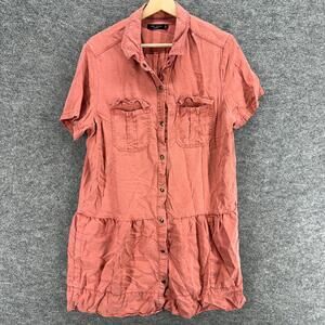 Max Jeans Shirt Dress Women L Large Pink Short Button Short Sleeve Collared